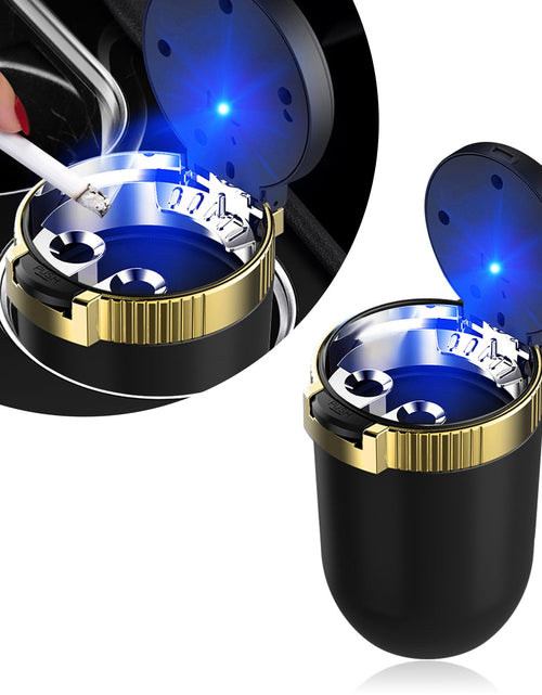 Load image into Gallery viewer, Kewucn Car Ashtray with Lid Portable Stainless Steel LED Blue Light Gold
