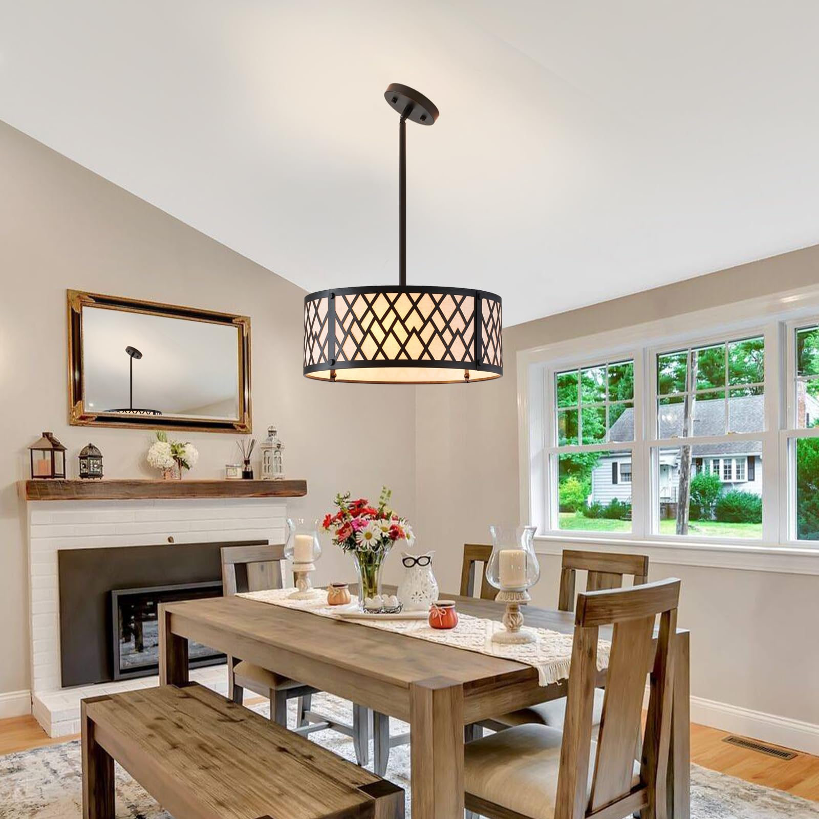 SGLfarmty 15.7in Black Drum Chandelier 3 Light Ceiling Fixture Farmhouse Pendant