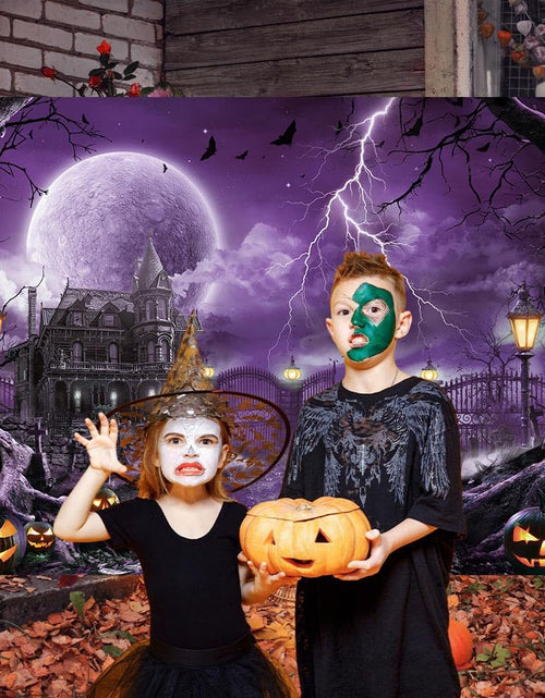 Load image into Gallery viewer, Halloween Backdrop Banner Scary Castle Cemetery Purple Full Moon 7x5Ft
