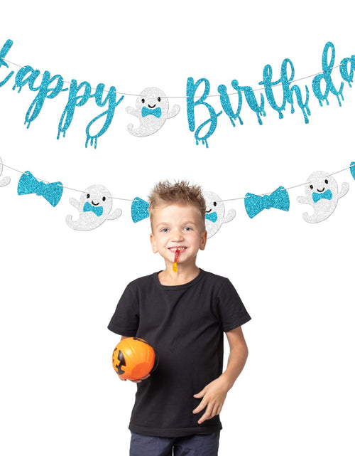 Load image into Gallery viewer, Vofrise Blue Halloween Birthday Banner Glitter Bow Tie Ghost Garland
