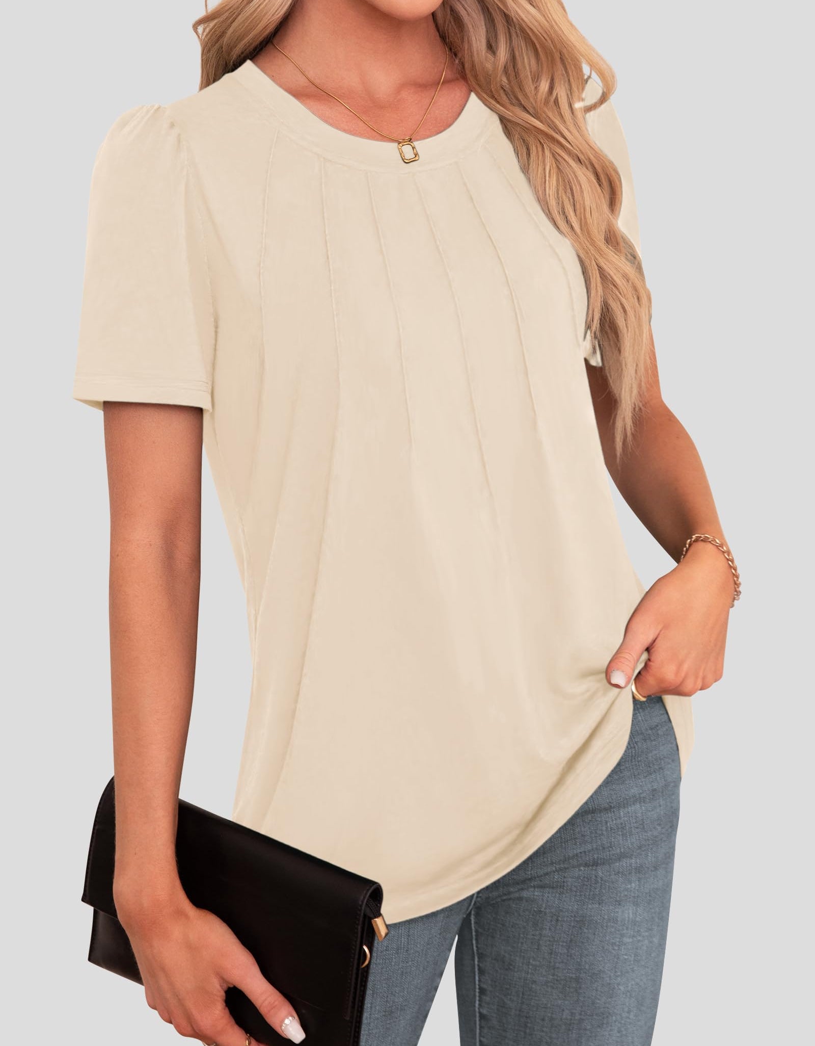 Agnes Urban Womens Pleated Floral Tunic Top Apricot Soft Style Size M
