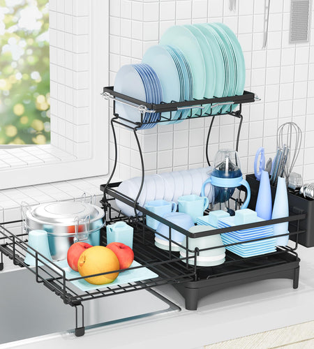 Gtyasm Extendable 2Tier Dish Drying Rack Drainboard & Cutlery Holder Black Large