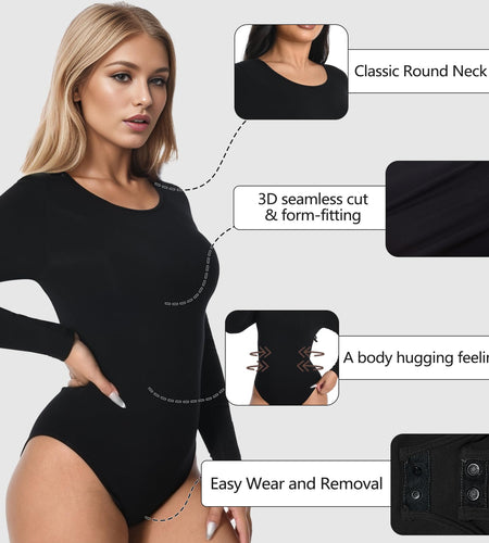 +MD Round Neck Long Sleeve Bodysuit Slim Waist Black Size M