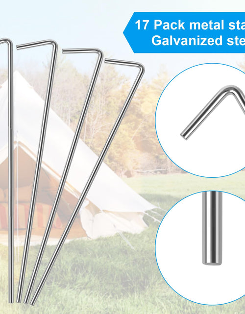 Load image into Gallery viewer, Oligei 17 Pack Heavy Duty Metal Tent Stakes Silver 18in Outdoor Use
