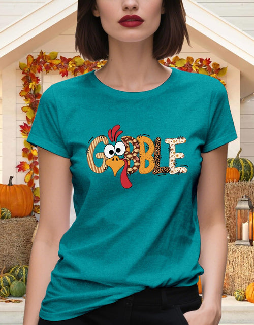 Load image into Gallery viewer, Dabon Thanksgiving Turkey Leopard Letter Print Tee Tops Cyan Size XL
