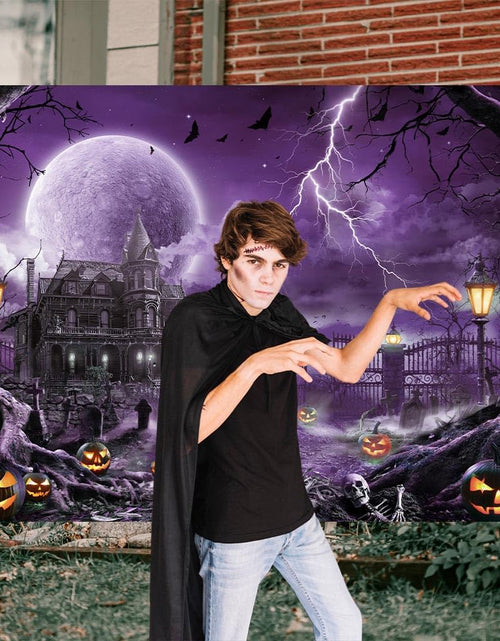 Load image into Gallery viewer, Halloween Backdrop Banner Scary Castle Cemetery Purple Full Moon 7x5Ft
