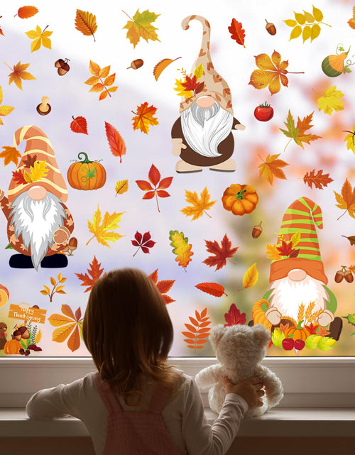 Load image into Gallery viewer, Pedel Fall Gnome Window Clings 93Pcs Thanksgiving Autumn Leaves Decals
