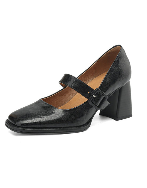 Load image into Gallery viewer, Women's Sheepskin Mary Jane Heels – Square Toe Chunky Heel Buckle Pumps

