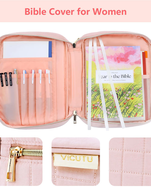 Load image into Gallery viewer, VICUTU Bible Cover Case for Women with Handle Pink Soft Quilted Carrying Bag
