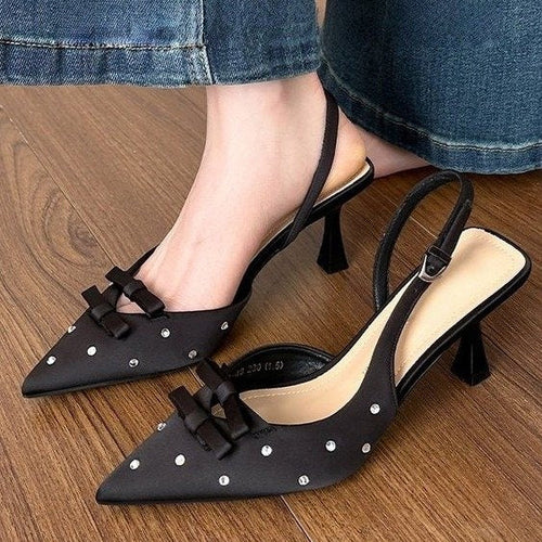 Load image into Gallery viewer, Women's Closed Toe Slingback Stiletto Heels – Bowknot &amp; Rhinestone Sandals
