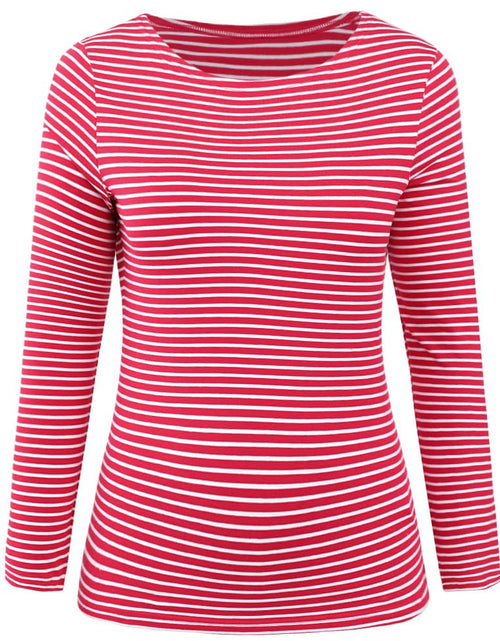 Load image into Gallery viewer, LilyCoco Womens Striped Long Sleeve Boat Neck Shirt Red Size M
