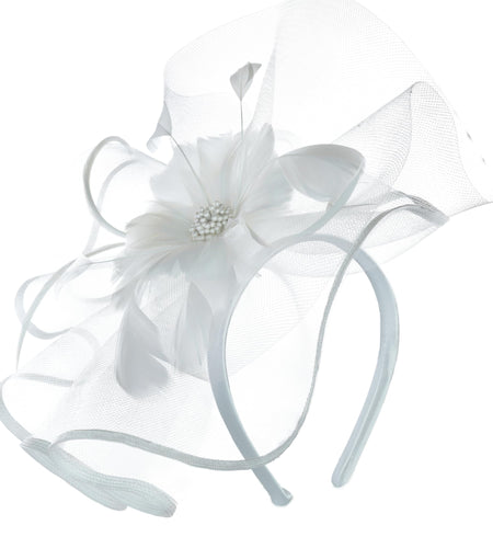 Needzo White Floral Feather Mesh Fascinator Headband Hair Clip One Size