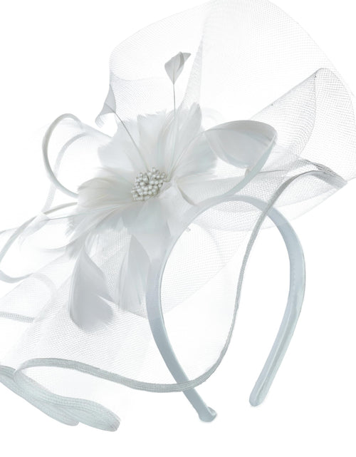 Load image into Gallery viewer, Needzo White Floral Feather Mesh Fascinator Headband Hair Clip One Size
