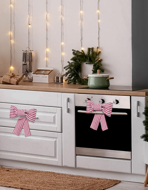 Load image into Gallery viewer, Hungdao Christmas Kitchen Towels 2 Pc Red White Stripes Decorative Bows
