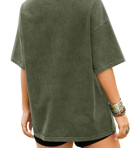 Remidoo Womens Oversized T Shirt Acid Wash Vintage Loose Fit Tee Army Green XL