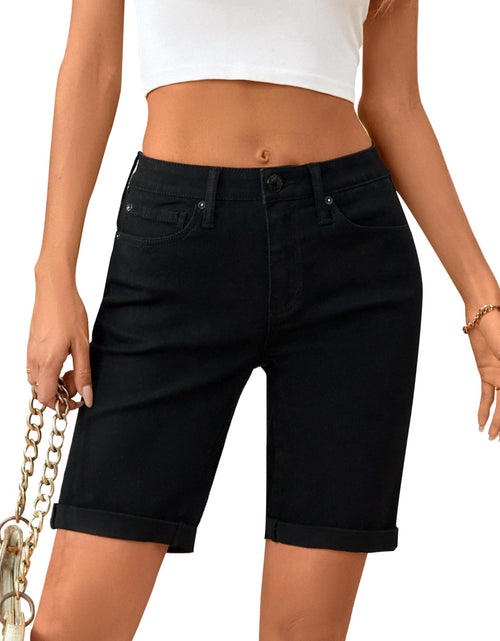 Load image into Gallery viewer, OFLUCK Women's Mid Rise Roll Cuff Stretch Denim Bermuda Shorts Dark Blue Size 10

