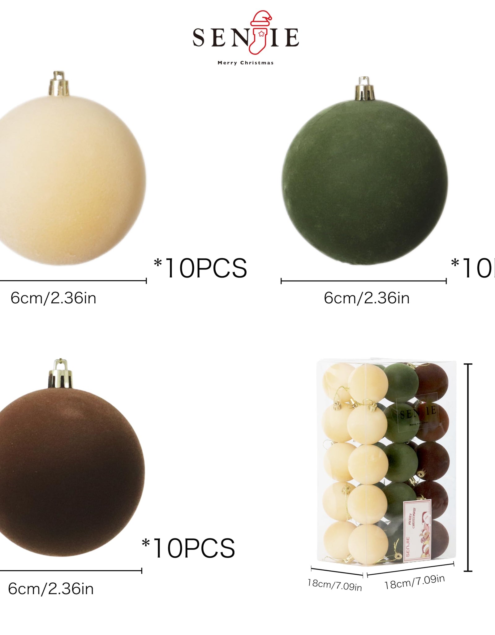 Senjie 30pcs Velvet Christmas Balls Ornaments 2.36in Brown Green Khaki
