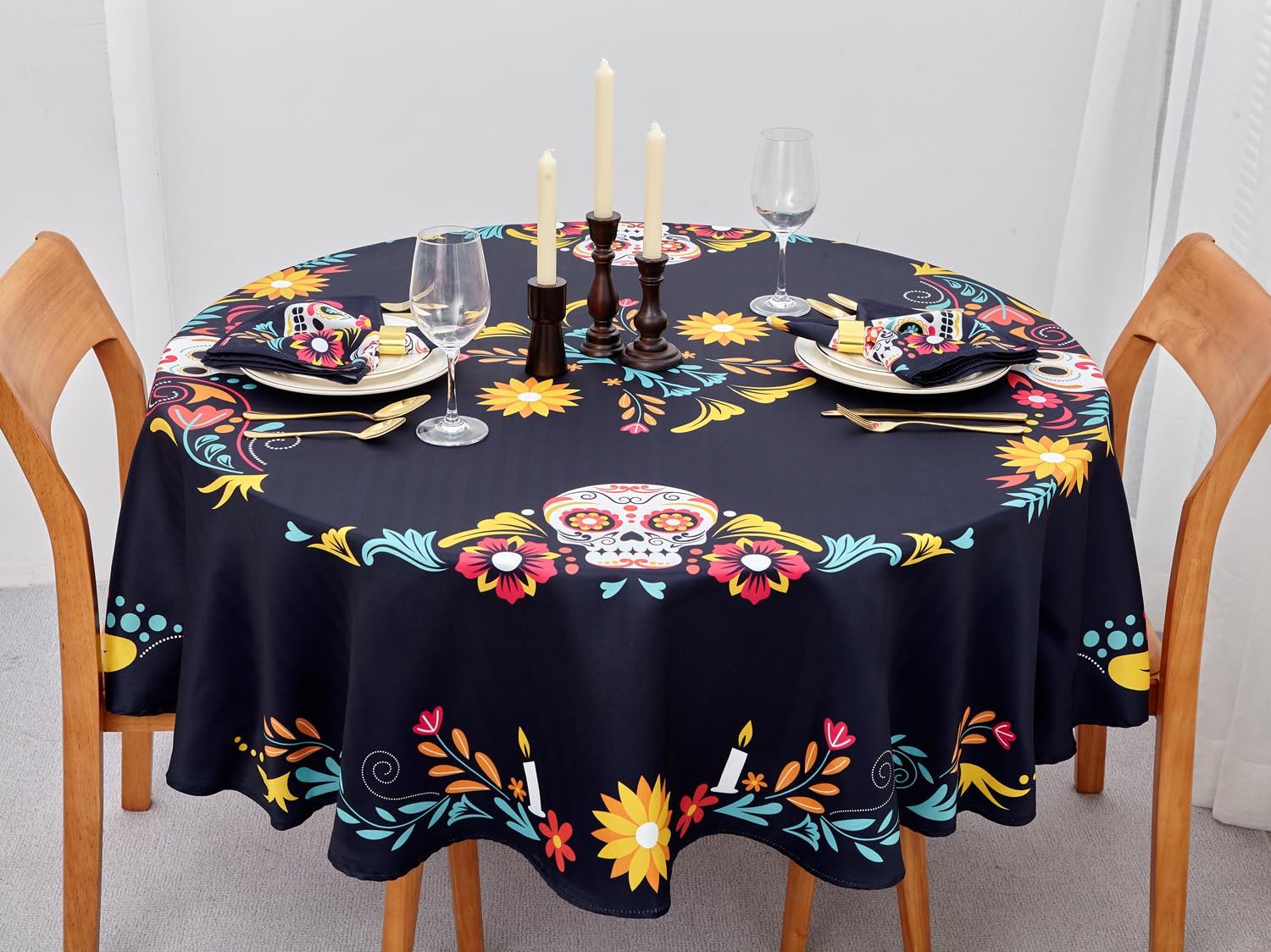 YiHomer Day of The Dead Table Runner Floral Skeleton Mask 14x72