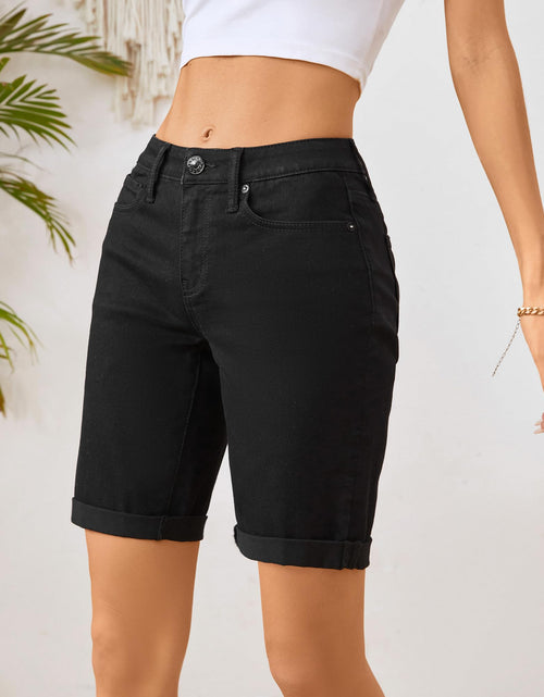 Load image into Gallery viewer, OFLUCK Women's Mid Rise Roll Cuff Stretch Denim Bermuda Shorts Dark Blue Size 10
