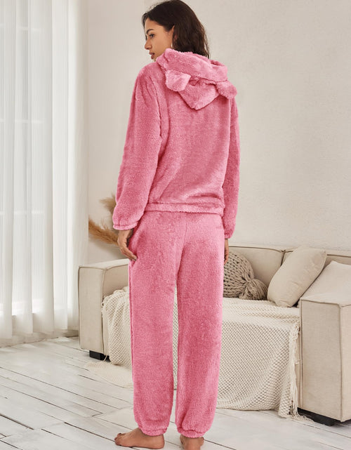 Load image into Gallery viewer, Flygo Women's Fluffy Fleece Pajama Set Pullover Hoodie &amp; Pants Pink Size L
