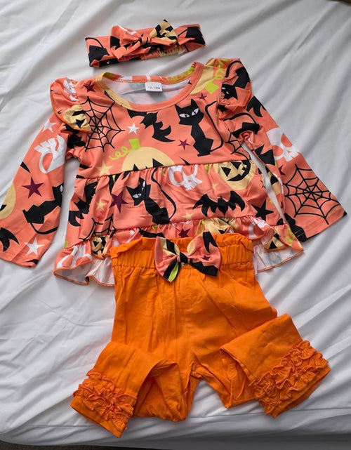 Load image into Gallery viewer, Kislio Toddler Girls Pumpkin Ghost Shirt Ruffle Pants Set 3PCS orange 12-18M
