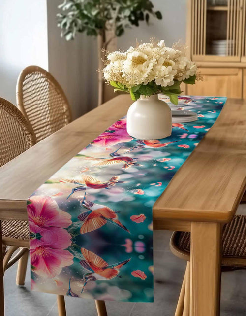 Load image into Gallery viewer, Perdecor Spring Hummingbird Pink Petals Table Runner 13x70in Cotton Linen
