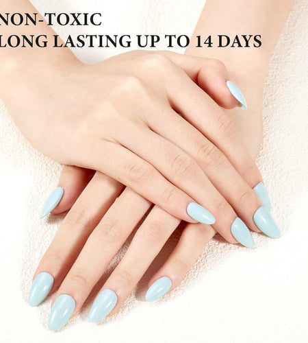 KBS Designer Handmade Press On Nails Blue Short French Tip Almond 16 Sizes Kit