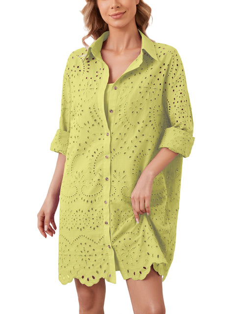 Load image into Gallery viewer, AIHUKOCY Women Hollow Out Button Down V Neck Long Sleeve Mini Dress Yellow M
