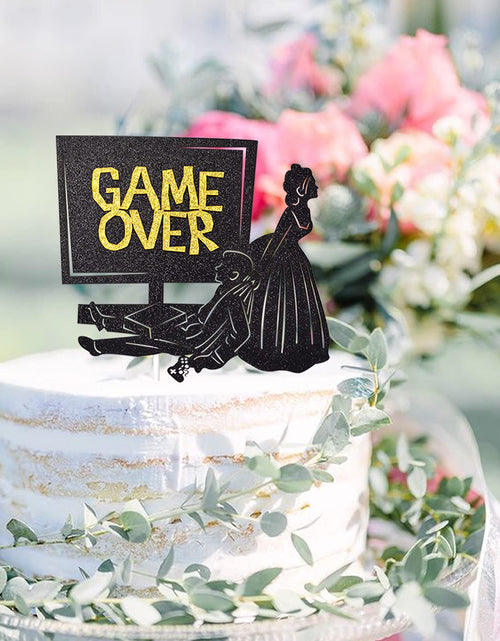 Load image into Gallery viewer, Little Man Game Over Wedding Cake Topper Double-sided Black Glitter 5.5x4.5in
