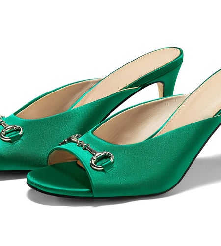 Coutgo Womens Slide Sandals Peep Toe Heeled Mules Metal Chain Green Size 8.5