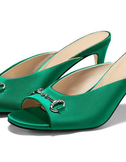 Load image into Gallery viewer, Coutgo Womens Slide Sandals Peep Toe Heeled Mules Metal Chain Green Size 8.5
