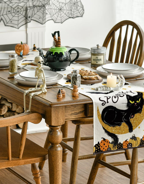 Load image into Gallery viewer, Artoid Mode Halloween Table Runner Black Cat Pumpkins Moon 13x72 Inch Beige
