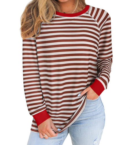 Misyula Style Plus Size Striped Crewneck Sweatshirt Red Brown Size XXL