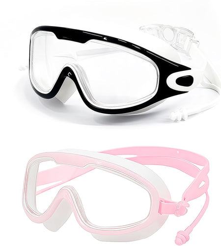 DCRWVCTON Adult Swim Goggles 2 Pack Anti-Fog Leak-Proof Clear with Ear Plugs