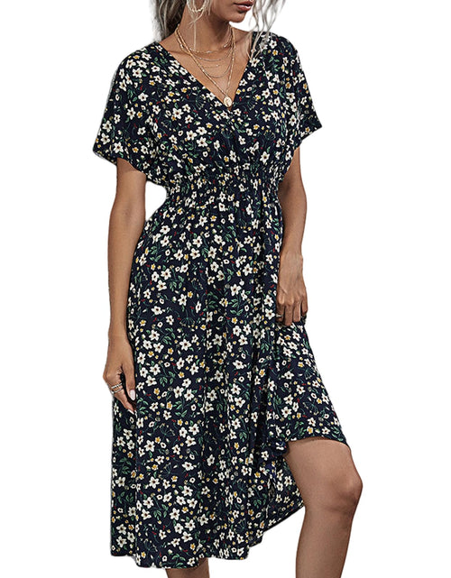Load image into Gallery viewer, HEBELD Womens Midi Floral V Neck Wrap Dress Elastic Waist Black Size M
