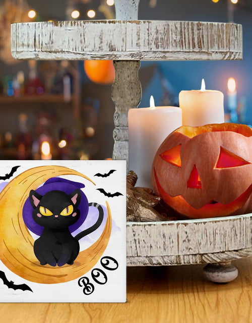 Load image into Gallery viewer, Hijie Halloween Black Cat Bat Wooden Sign Decor 5x5 Inches Indoor
