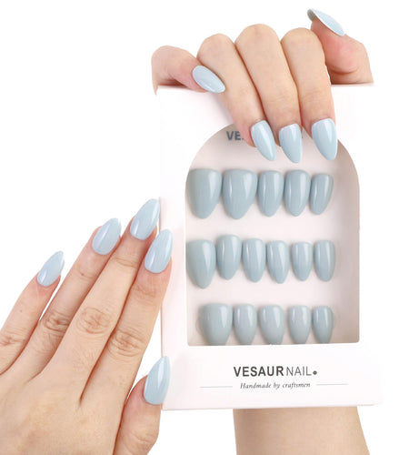 KBS Designer Handmade Press On Nails Blue Short French Tip Almond 16 Sizes Kit