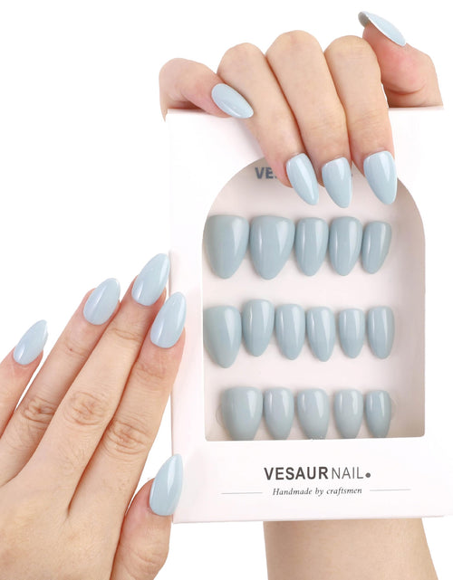Load image into Gallery viewer, KBS Designer Handmade Press On Nails Blue Short French Tip Almond 16 Sizes Kit
