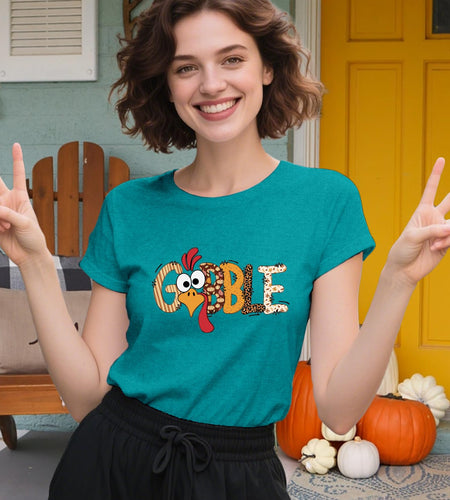 Dabon Thanksgiving Turkey Leopard Letter Print Tee Tops Cyan Size XL