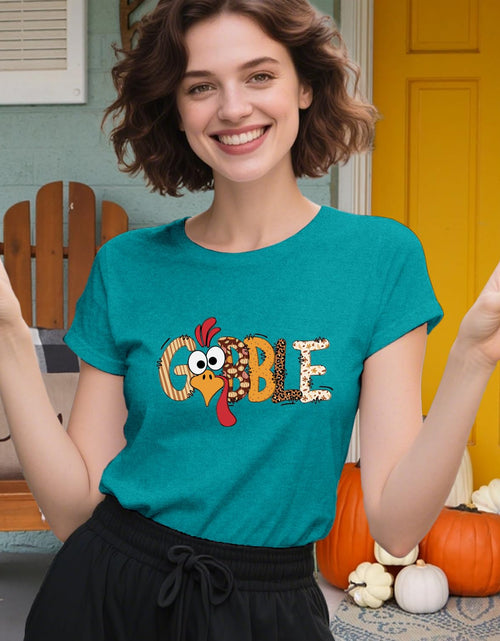 Load image into Gallery viewer, Dabon Thanksgiving Turkey Leopard Letter Print Tee Tops Cyan Size XL
