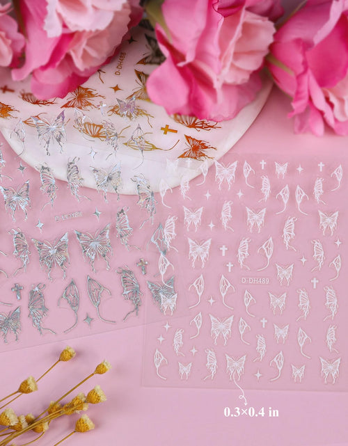 Load image into Gallery viewer, Kikonoke 12 Sheets Laser Butterfly Nail Stickers White Silver Gold 3D Decals
