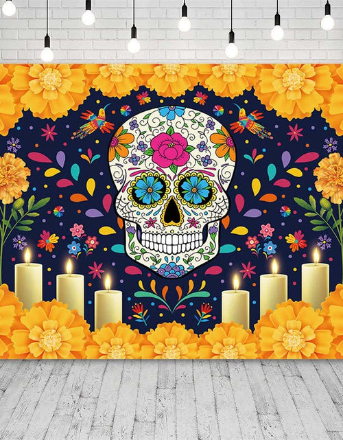 Load image into Gallery viewer, Sendy Day of The Dead Sugar Skull Backdrop 7x5ft Vibrant Colors Vinyl
