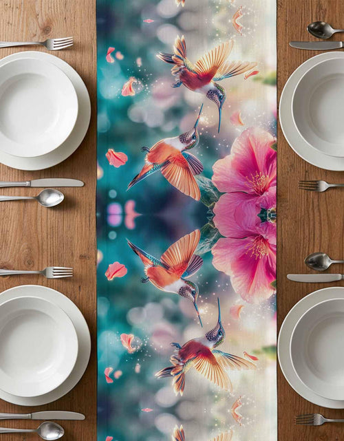 Load image into Gallery viewer, Perdecor Spring Hummingbird Pink Petals Table Runner 13x70in Cotton Linen
