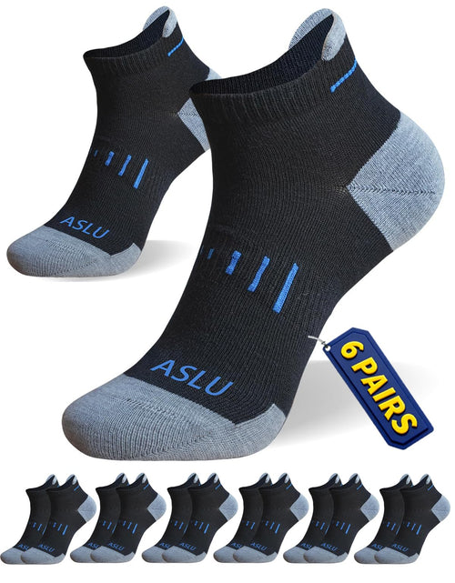 Load image into Gallery viewer, ASLU Athletic Compression Cushioned Ankle Socks Black 6 Pairs Size 6-9
