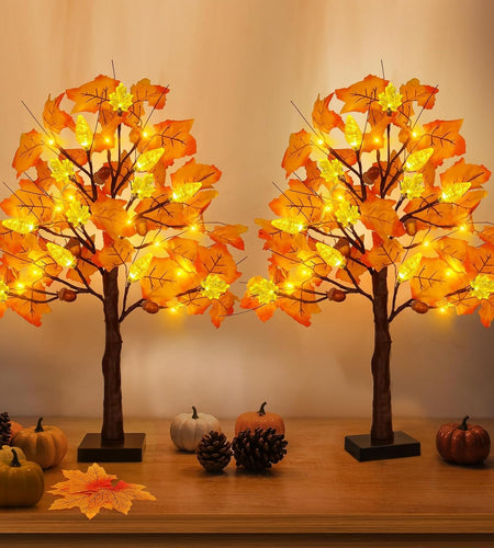 SURCVIO 2 Pack 24in Prelit Fall Maple Tree Decorations 48 LEDs Timer Battery