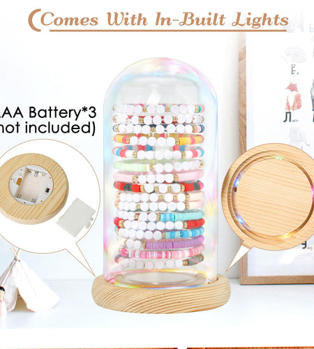 Aolamegs Friendship Bracelets Organizer with Lights Transparent Rustic Wood Base