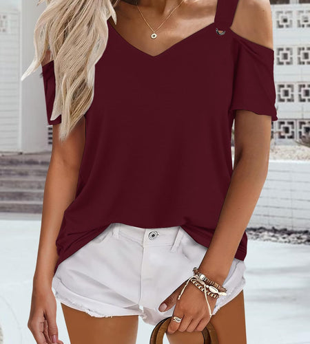 Bellcoco Womens Cold Shoulder V Neck Red Blouse Top XL