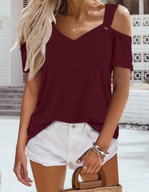 Load image into Gallery viewer, Bellcoco Womens Cold Shoulder V Neck Red Blouse Top XL
