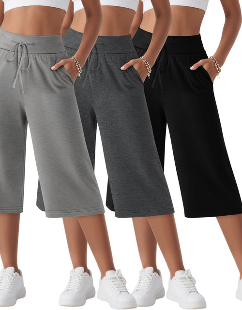 Load image into Gallery viewer, Neer Women's Capri Yoga Pants Wide Leg Drawstring Pockets Black Gray Small
