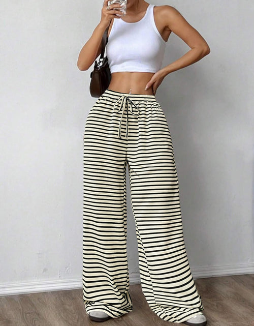 Load image into Gallery viewer, GUOLEZEEV Women Lounge Pants Elastic Waist Striped Y2K Sleepwear Black Apricot L
